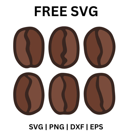 Six brown coffee beans with dark outlines and center creases arranged in two rows, free coffee bean clipart SVG cut file preview.