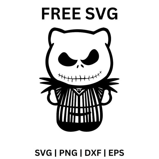 Cute cartoon cat with a spooky skeleton face wearing a black pinstripe suit and bat wing bow tie, free Halloween skeleton cat SVG cut file preview.