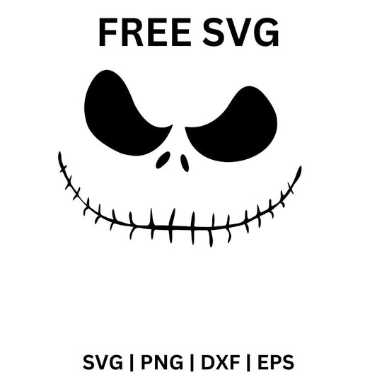 Minimal black skeleton face with two slanted eye holes, small nose slits and a long curved stitched smile, free Halloween face SVG cut file preview.