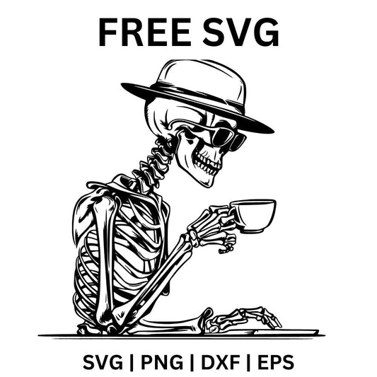 Black line art skeleton in a fedora and sunglasses sipping from a small coffee cup, free coffee skeleton SVG cut file preview.
