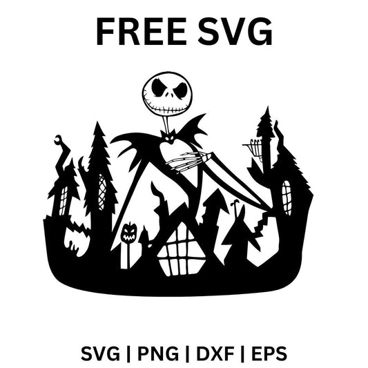 Tall skeleton in a pinstripe suit with outstretched arms rising above a crooked spooky town of twisted houses and pumpkins, free Halloween town SVG cut file preview.