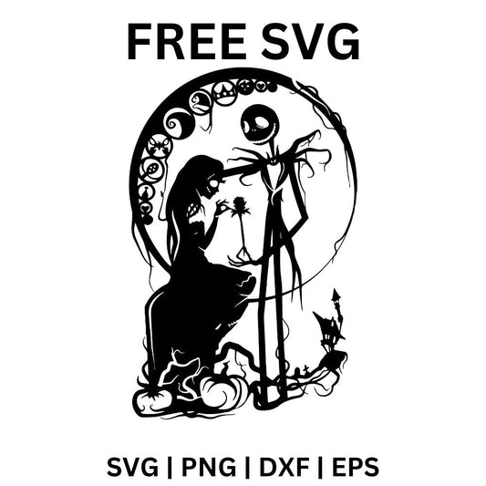 Skeleton gentleman offering a flower to a kneeling rag doll girl under a full moon framed by pumpkins and bats, free Halloween couple SVG cut file preview.