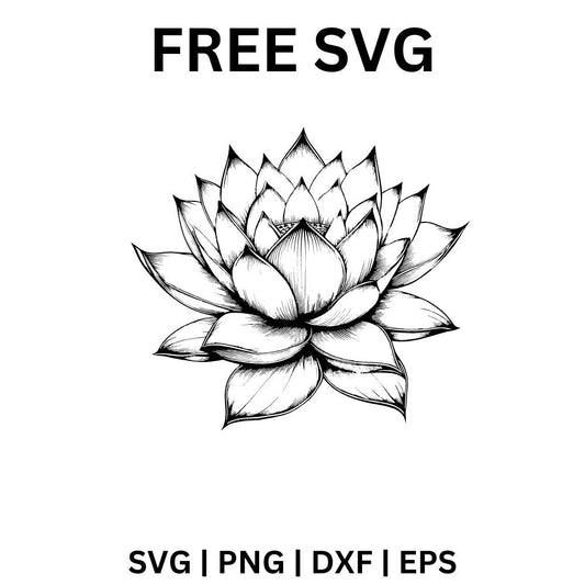 Black ink sketch of an open lotus flower with layers of pointed petals and fine line shading, free lotus flower SVG cut file preview.