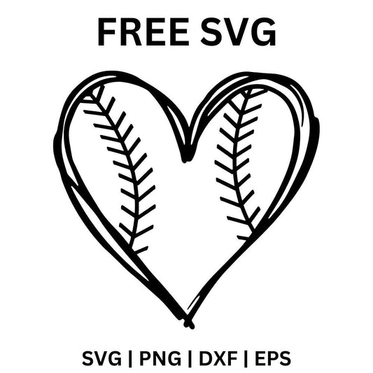 Sketchy double line heart outline with two curved softball stitch seams inside, free softball heart SVG cut file preview.