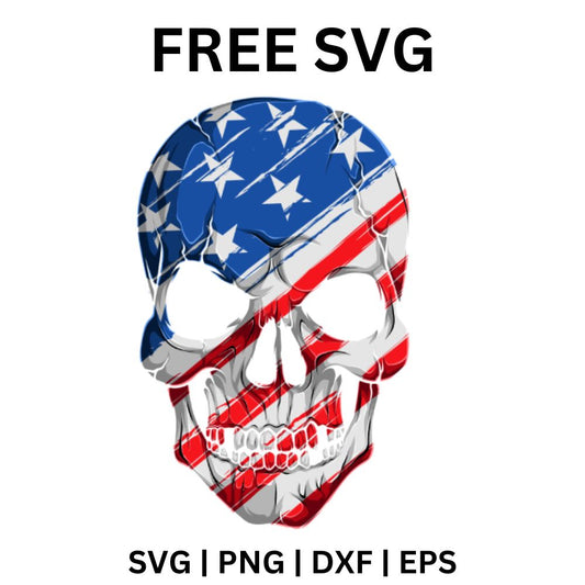 Front facing skull covered in an American flag pattern with navy stars on top and red and white stripes, free patriotic skull SVG cut file preview.