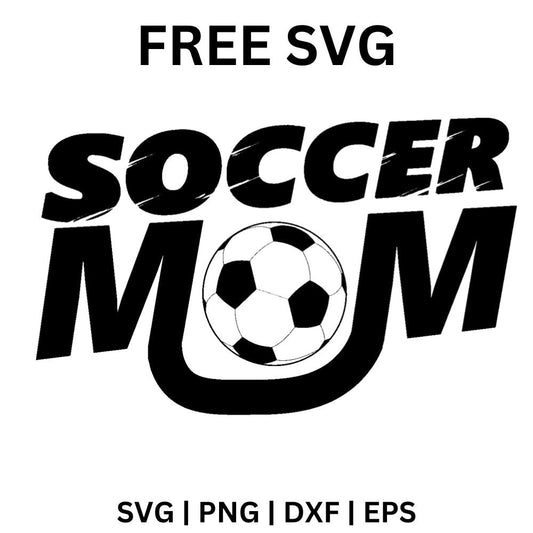 Slanted heavy Soccer Mom block lettering with a soccer ball replacing the O in Mom and a swoosh underline, free soccer mom SVG cut file preview.