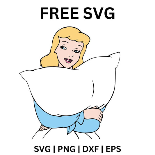 Sleepy blonde girl in a blue nightgown smiling with half closed eyes while hugging a big white pillow, free sleepy girl SVG cut file preview.