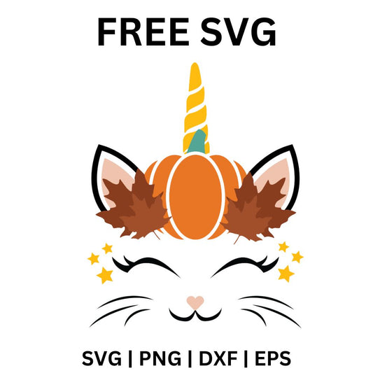 Sleepy cat face with closed lashes, a gold unicorn horn and a crown of an orange pumpkin and brown autumn leaves with tiny stars, free fall unicorn cat face SVG cut file preview.