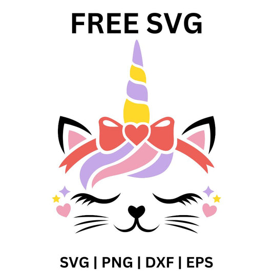 Sleepy kitty face with closed lashes and whiskers, a striped pastel unicorn horn, a pink bow with hearts and a curly pink and purple mane, free cat unicorn SVG cut file preview.