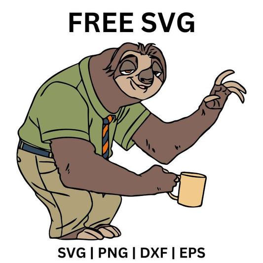 Sleepy sloth in a green shirt and tie slowly waving while holding a yellow coffee mug, free sloth coffee SVG cut file preview.
