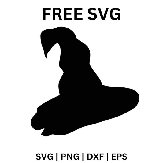Solid black silhouette of an old slouchy wizard hat with a bent pointed tip and wide floppy brim, free wizard hat SVG cut file preview.