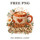 Cozy coffee mug in a cream knit sweater with a heart, steam and autumn flowers above Slow Mornings orange lettering, free coffee PNG