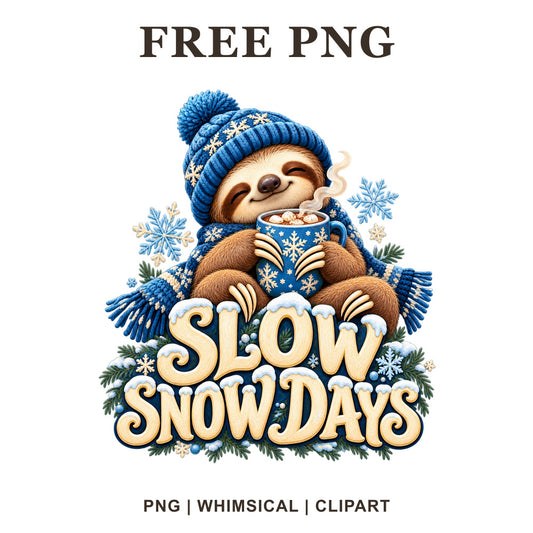 Cozy sloth in a blue knit beanie and scarf holding a mug of cocoa above Slow Snow Days cream lettering, free winter sloth PNG