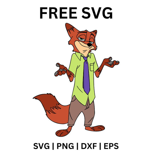 Sly cartoon red fox with a bushy tail in a green shirt and striped tie standing with open hands and a playful smirk, free cartoon fox SVG cut file preview.