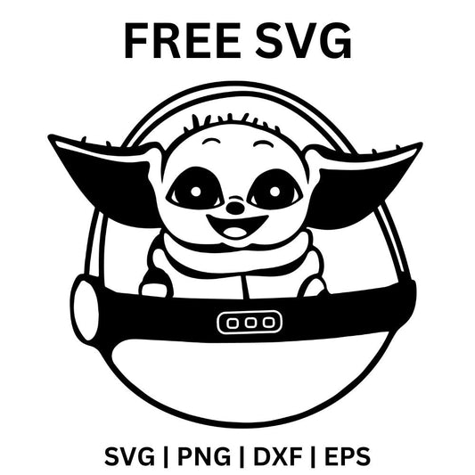 Black outline of a smiling big-eared alien baby peeking over the rim of a round floating pod with a small control panel, free alien baby pod SVG cut file preview.