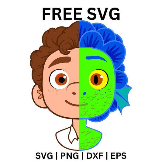 Smiling cartoon boy portrait split down the middle with one side a green and blue scaly sea creature with a yellow eye, free sea monster boy SVG cut file preview.