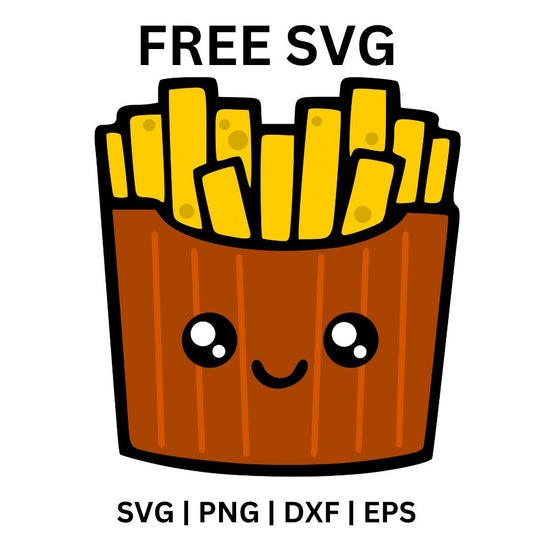 Cute brown fries carton with a smiling face and pink cheeks holding tall golden yellow french fries, free kawaii fries SVG cut file preview.