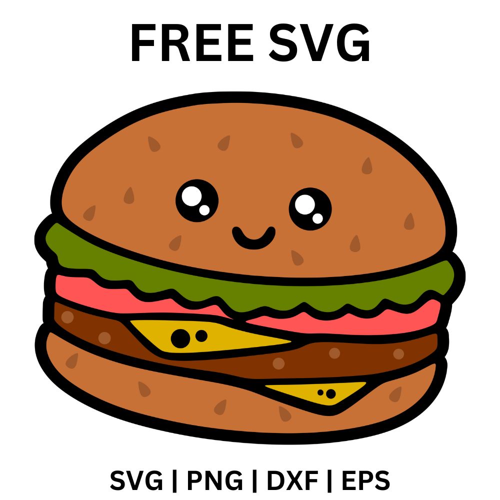 Cute smiling cheeseburger with a sesame seed bun, lettuce, tomato, melted cheese and a thick beef patty, free kawaii burger SVG cut file preview.