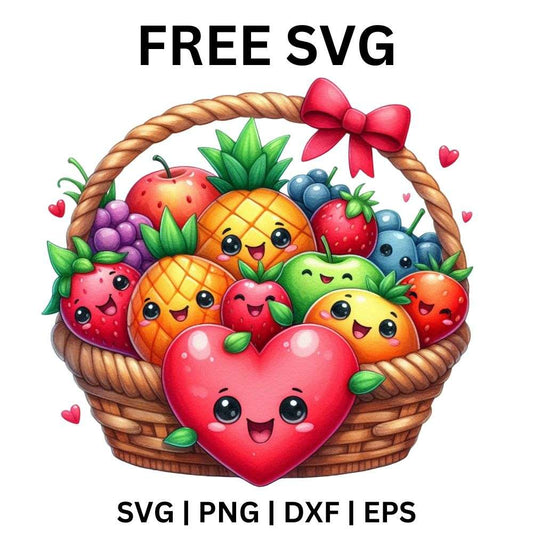 Wicker basket with a pink bow full of smiling cartoon fruits including a strawberry, pineapple, apples and grapes, free happy fruit basket SVG cut file preview.