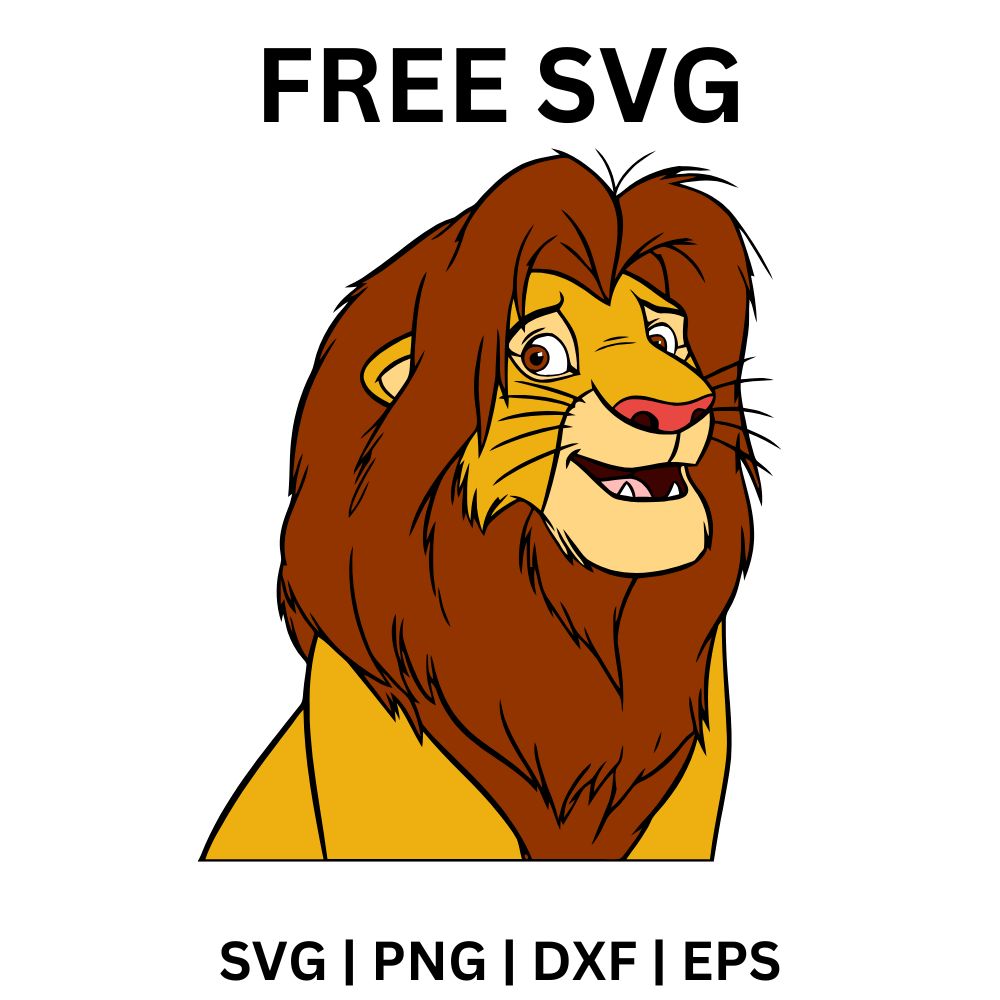Smiling golden lion portrait with a thick shaggy auburn mane and a friendly open mouth, free lion portrait SVG cut file preview.