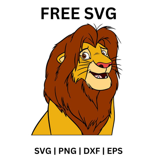 Smiling golden lion portrait with a thick shaggy auburn mane and a friendly open mouth, free lion portrait SVG cut file preview.