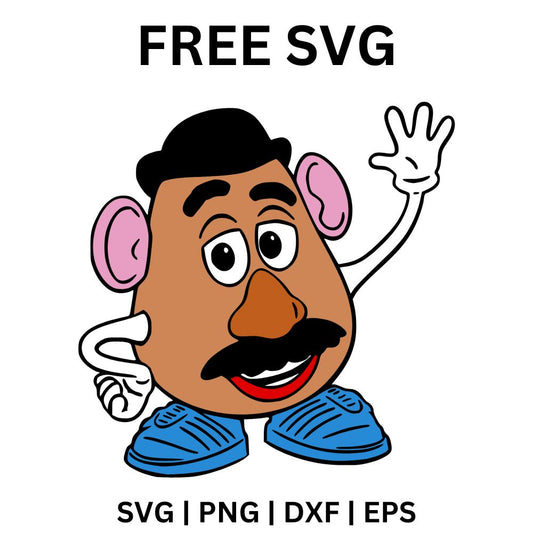 Smiling cartoon potato toy man with big eyes, a bushy mustache, red nose, pink ears and blue shoes, free potato toy SVG cut file preview.