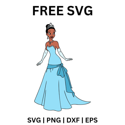 Smiling cartoon princess facing forward in a full light blue ball gown with a draped side sash and white opera gloves, free princess ball gown SVG cut file preview.