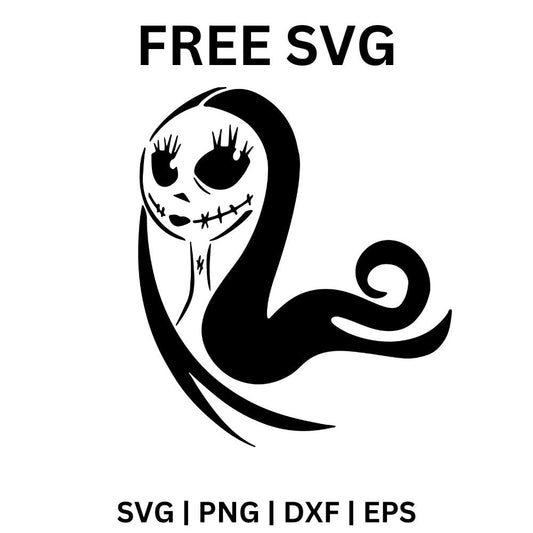Smiling stitched rag doll girl with lashed eyes and long hair swirling into a curl in black silhouette, free Halloween rag doll SVG cut file preview.
