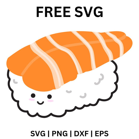 Cute salmon nigiri with an orange striped fish slice on a rice block with a smiling face and rosy cheeks, free kawaii sushi SVG cut file preview.