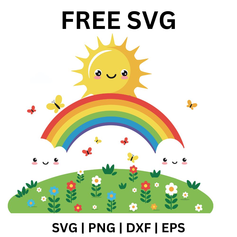 Smiling cartoon sun above a bright rainbow with two smiling clouds, fluttering butterflies and a green hill full of colorful flowers, free sunshine rainbow SVG cut file preview.