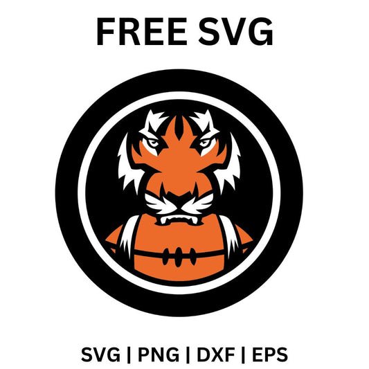 Snarling orange tiger head above an orange football inside a black and white circle badge, free tiger head football SVG cut file preview.