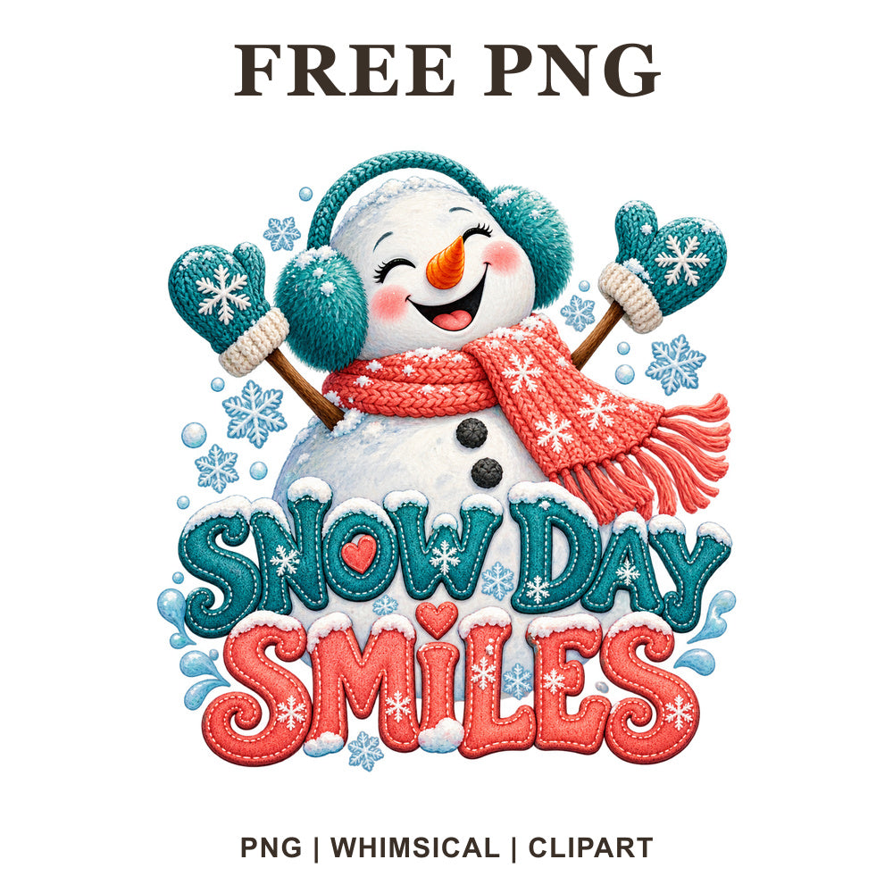 Laughing snowman in teal earmuffs and mittens with a coral scarf above Snow Day Smiles bubble lettering, free snowman PNG