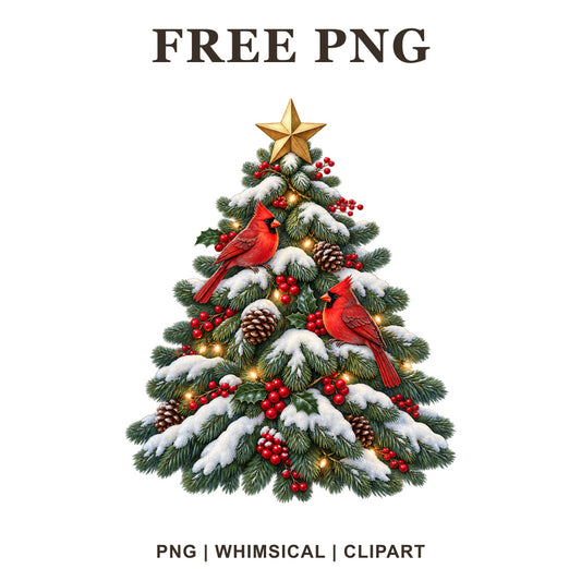 Snow-covered Christmas tree with red cardinals, pine cones, berries and a gold star, free PNG clipart preview