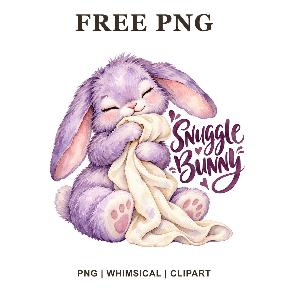 Lavender bunny hugging a cream blanket beside Snuggle Bunny plum script lettering, free baby onesie PNG clipart preview.