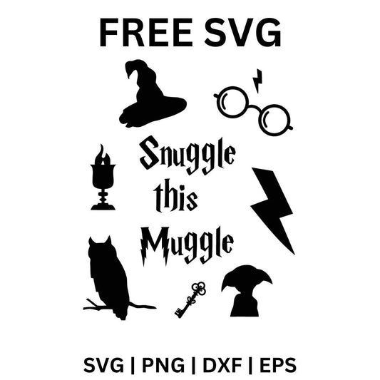 Black script snuggle quote surrounded by wizard icons including a pointed hat, round glasses, lightning bolt, owl, candle and winged key, free wizard snuggle SVG cut file preview.