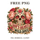 Sugar skull clipart with pink roses and peonies and a Soft Heart Wild Soul banner, free floral skull PNG