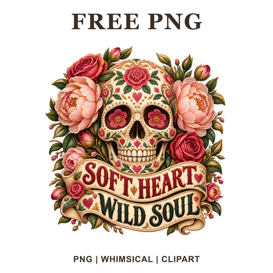 Sugar skull clipart with pink roses and peonies and a Soft Heart Wild Soul banner, free floral skull PNG