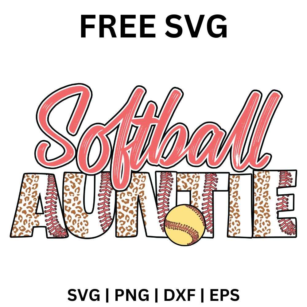 Pink softball script over pink and leopard patterned auntie block letters with a small yellow softball accent, free softball auntie SVG cut file preview.