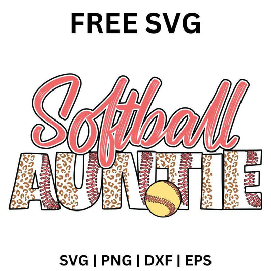 Pink softball script over pink and leopard patterned auntie block letters with a small yellow softball accent, free softball auntie SVG cut file preview.