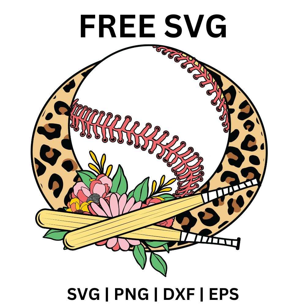 White softball with red stitches inside a leopard print ring with pink flowers, leaves and crossed yellow bats, free floral leopard softball SVG cut file preview.