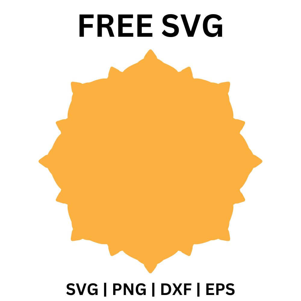 Solid golden orange sunburst badge shape with layered pointed rays around a round center, free sunburst frame SVG cut file preview.