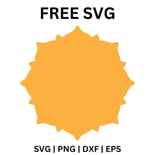 Solid golden orange sunburst badge shape with layered pointed rays around a round center, free sunburst frame SVG cut file preview.