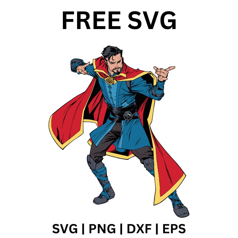 Bearded sorcerer hero in a blue tunic with a flowing red cape and amulet, casting a spell with outstretched hands, free sorcerer hero SVG cut file preview.
