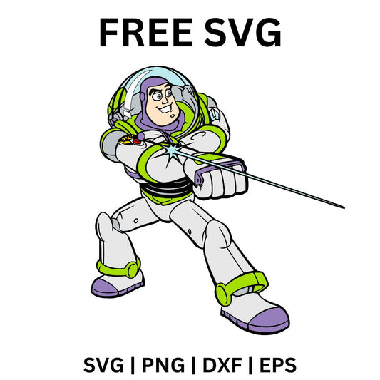 Cartoon space ranger toy in a white, green and purple suit firing a long laser beam from his wrist in an action pose, free space toy laser SVG cut file preview.