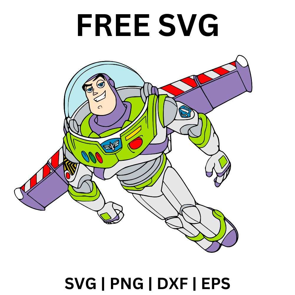 Space ranger toy in a white, green and purple suit flying with red and white striped wings spread out, free flying space ranger SVG cut file preview.