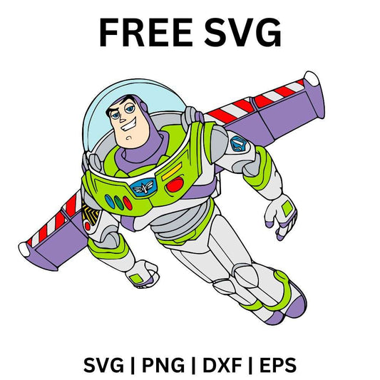 Space ranger toy in a white, green and purple suit flying with red and white striped wings spread out, free flying space ranger SVG cut file preview.