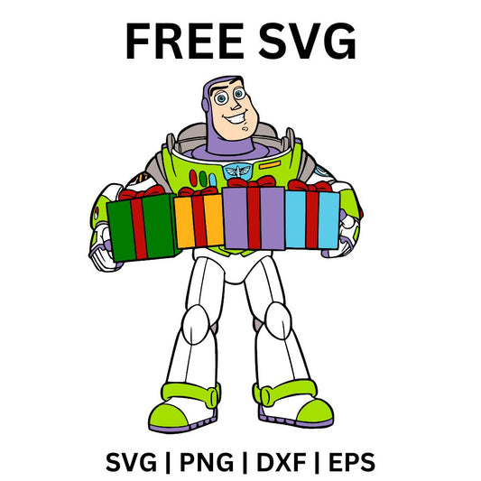Cartoon space ranger toy in a white, green and purple suit holding a large rainbow striped gift box, free space toy gift SVG cut file preview.