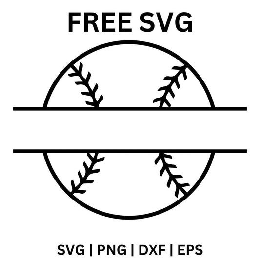 Outlined baseball with stitched seams split by a blank horizontal monogram bar through the center, free baseball monogram SVG cut file preview.