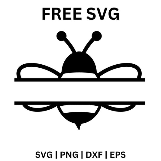 Black split bee monogram frame with antennae, rounded wings and a striped body divided by an open band for a name, free split bee monogram SVG cut file preview.