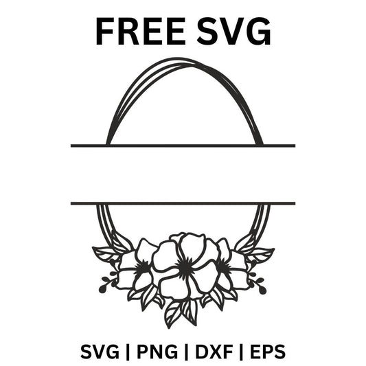 Line art egg outline split by a blank name band with a bouquet of flowers and leaves at the base, free split Easter egg monogram SVG cut file preview.